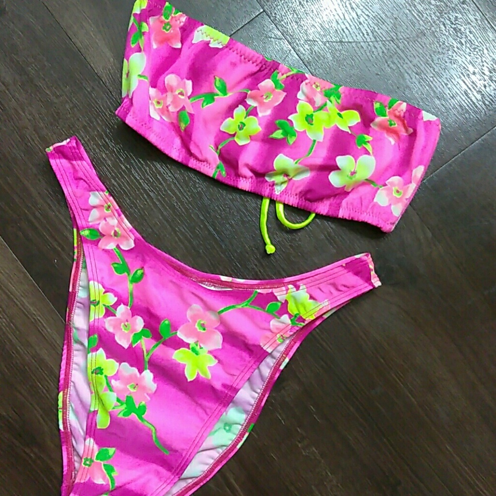 Hot pink and yellow print bandeau brazilian bikini